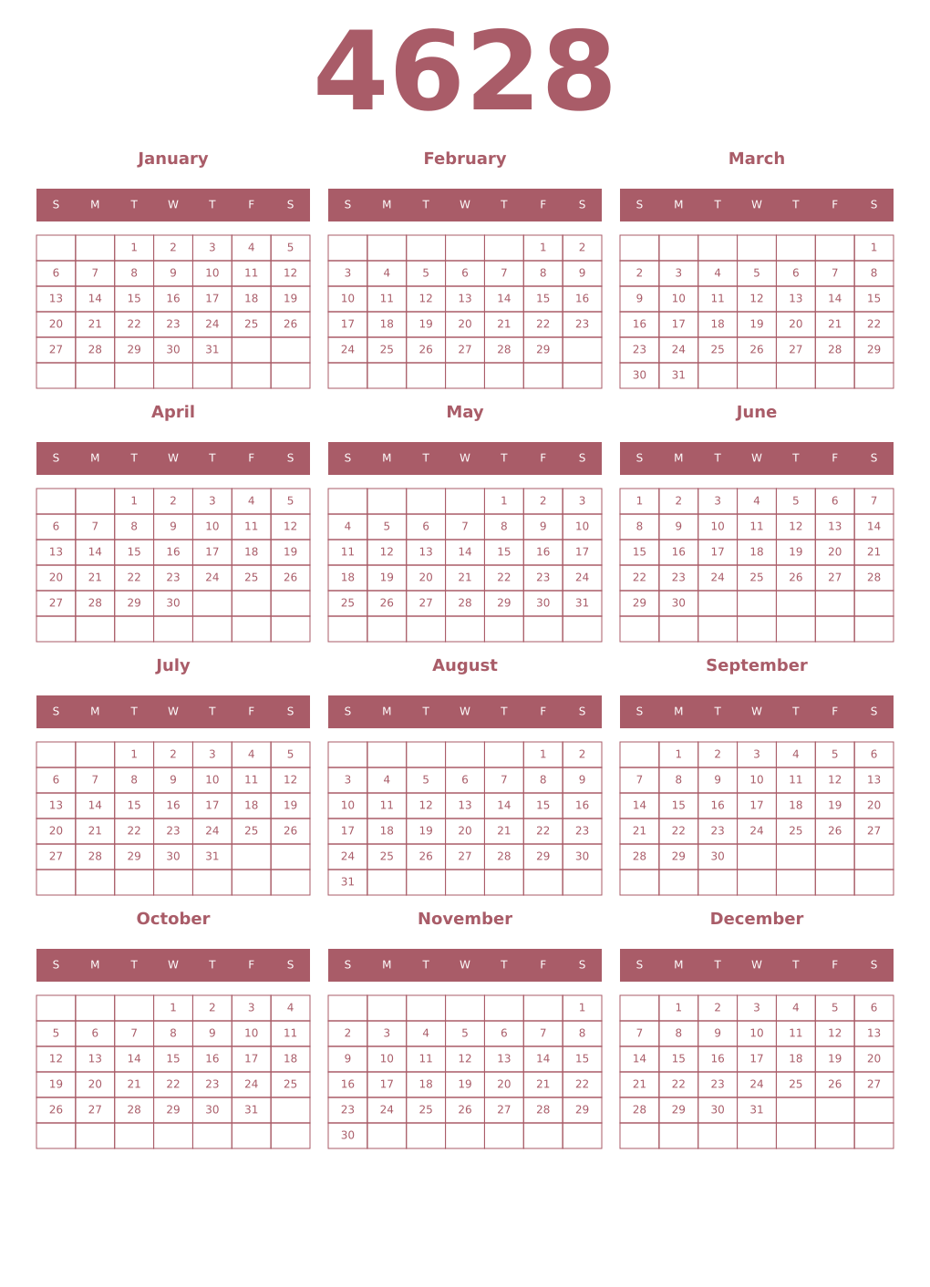 Printable 4628 Year Calendars puce