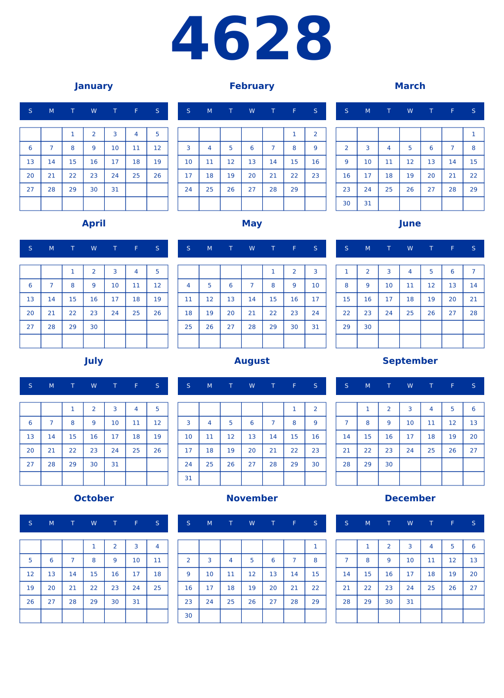 Printable 4628 Year Calendars smalt