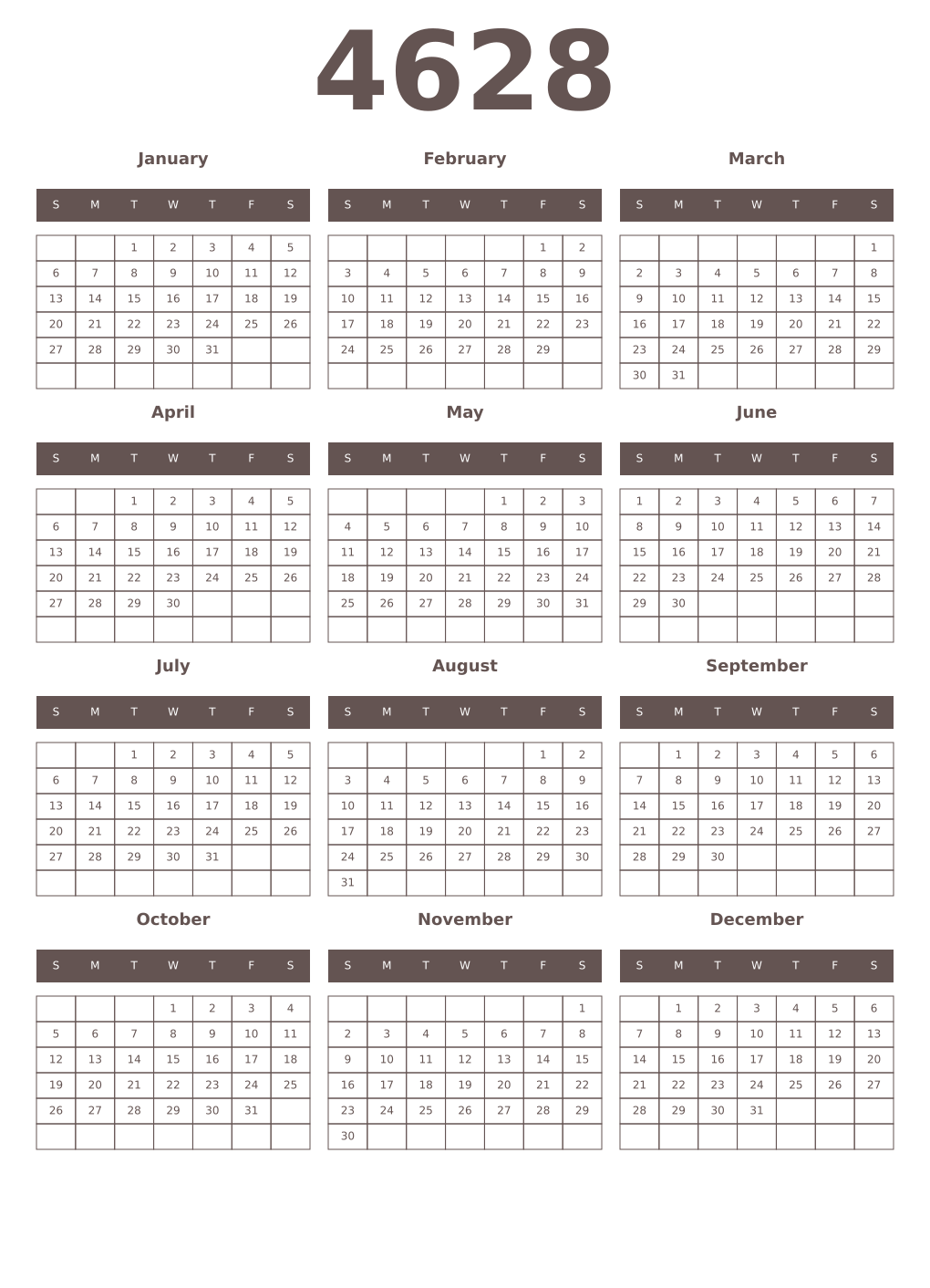Printable 4628 Year Calendars wenge