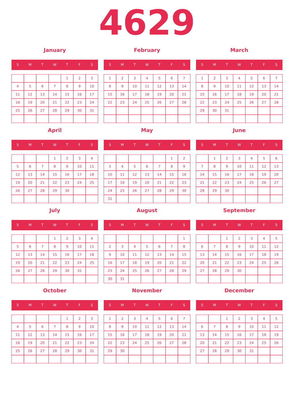 Printable 4629 Year Calendars amaranth