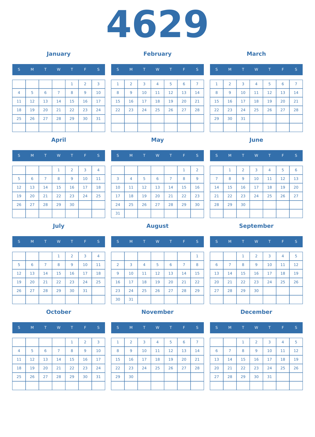 Printable 4629 Year Calendars blue