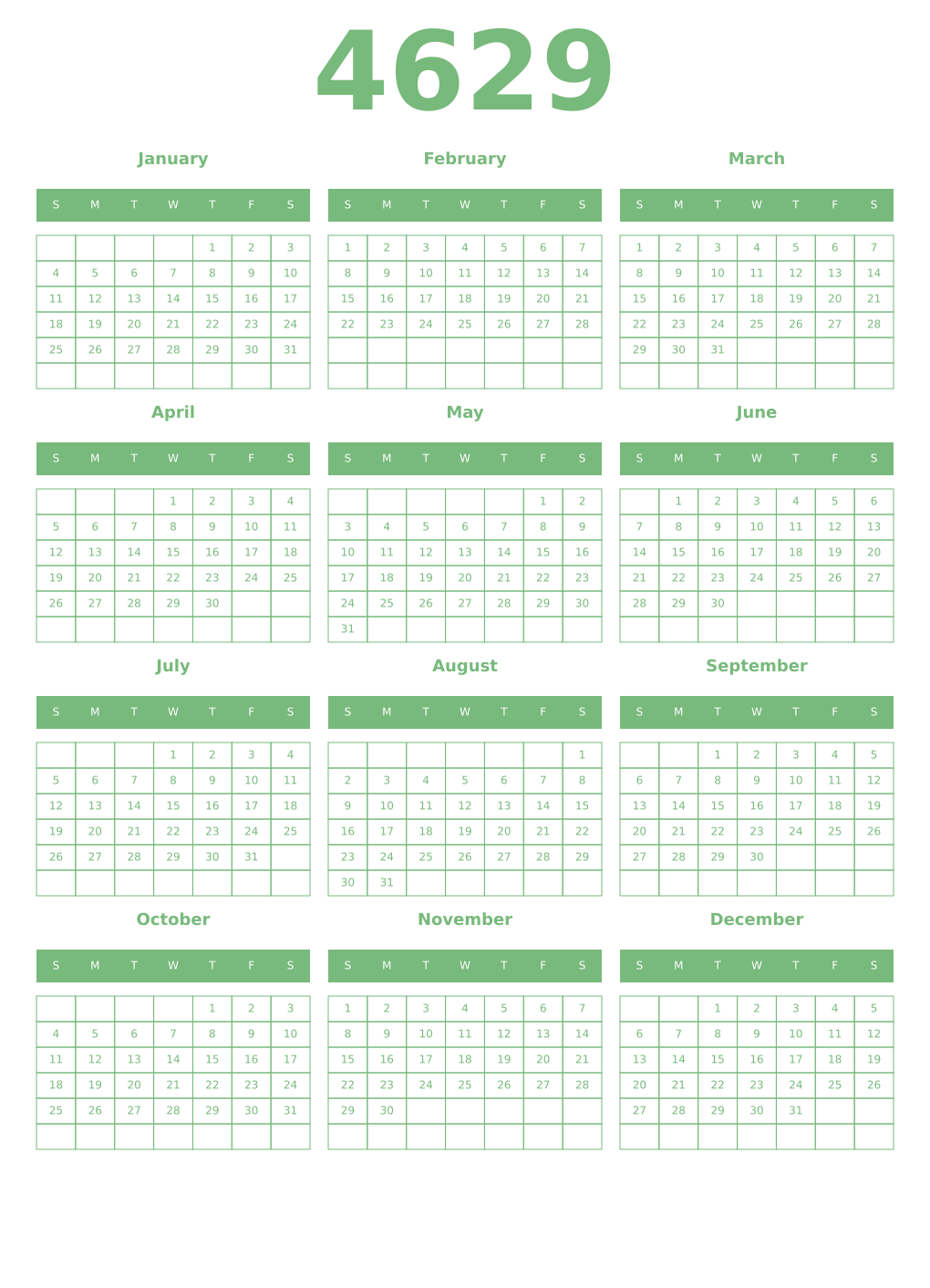 Printable 4629 Year Calendars celadon