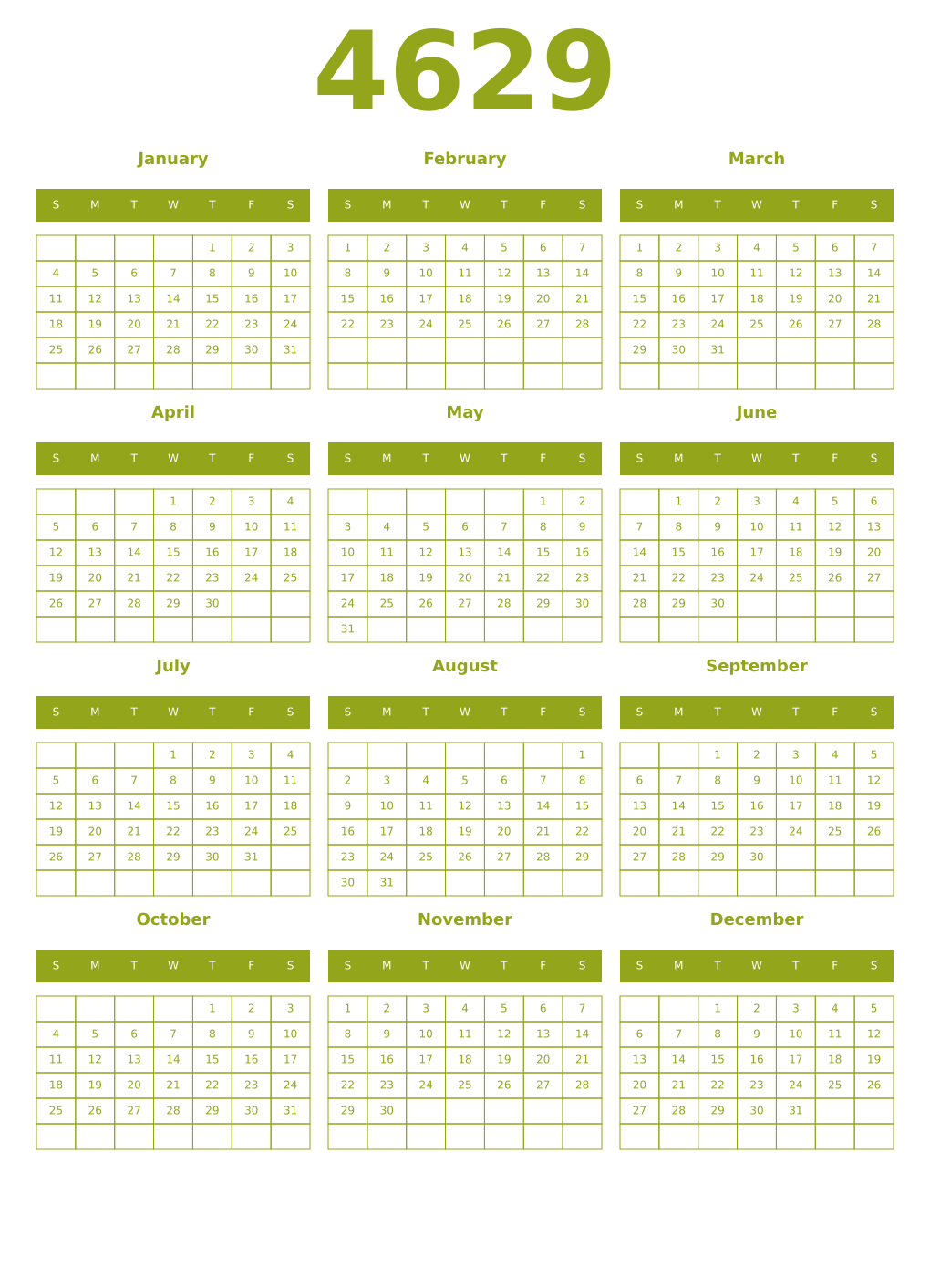 Printable 4629 Year Calendars chartreuse
