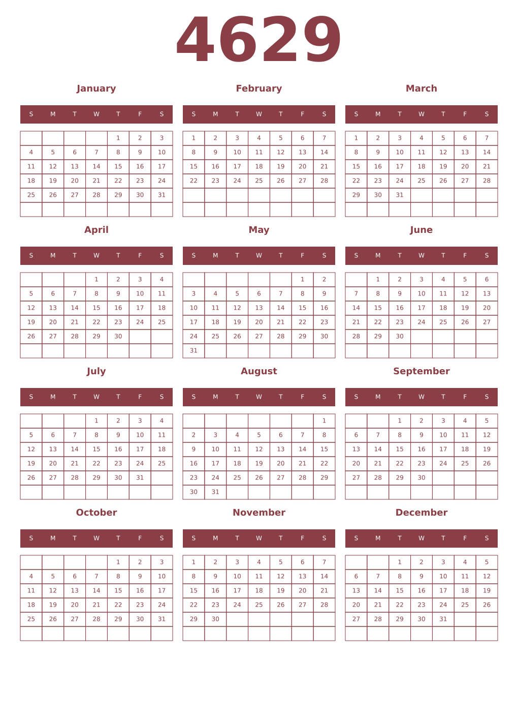 Printable 4629 Year Calendars cordovan