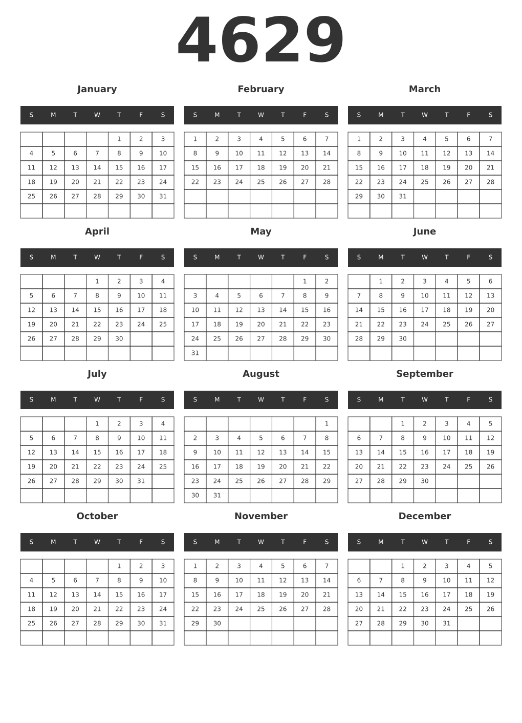 Printable 4629 Year Calendars dark