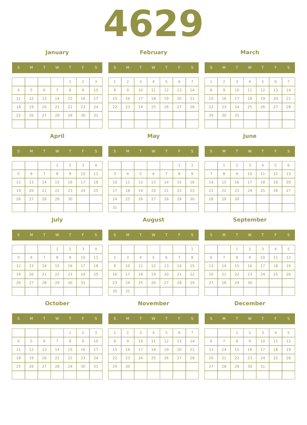 Printable 4629 Year Calendars eburnean