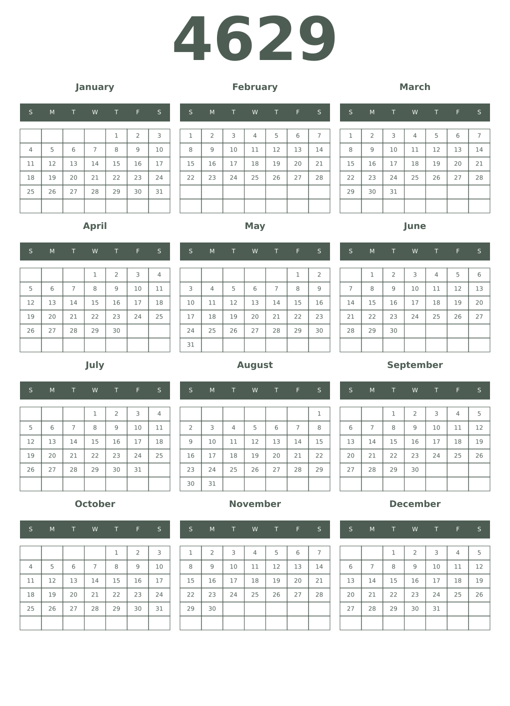 Printable 4629 Year Calendars feldgrau