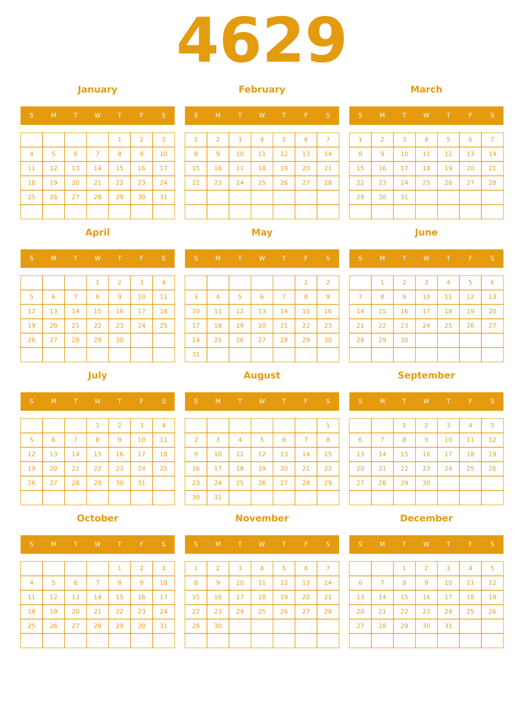 Printable 4629 Year Calendars gamboge