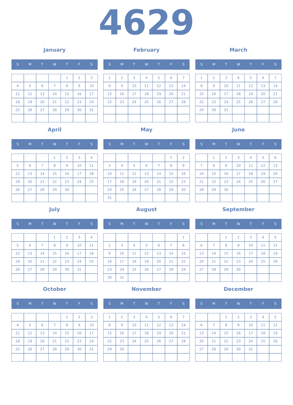 Printable 4629 Year Calendars glaucous