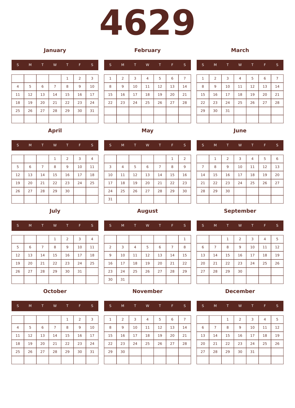 Printable 4629 Year Calendars mortuum