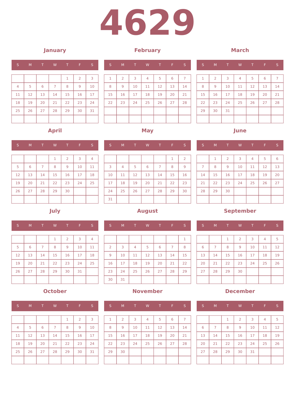 Printable 4629 Year Calendars puce