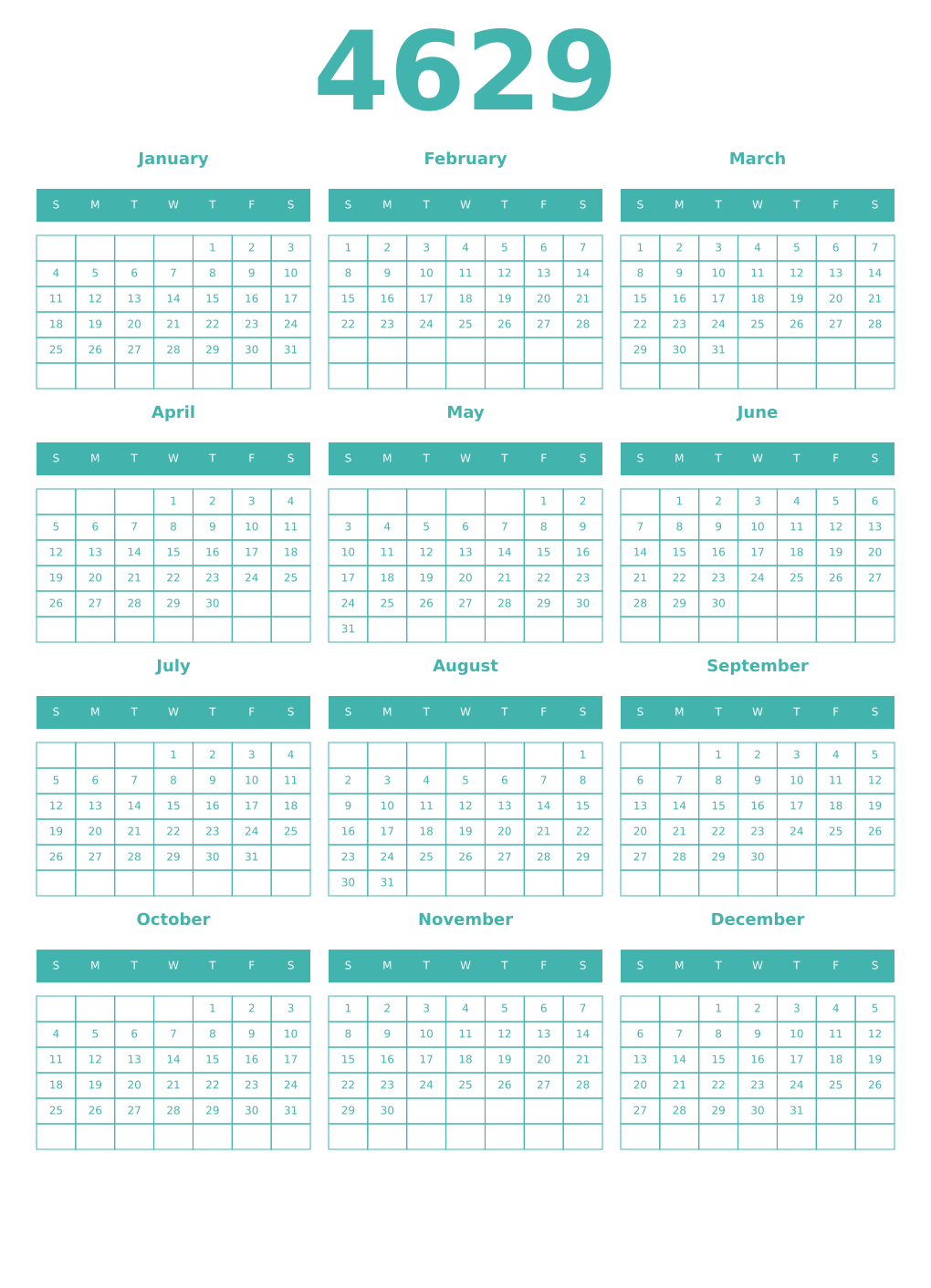 Printable 4629 Year Calendars verdigris