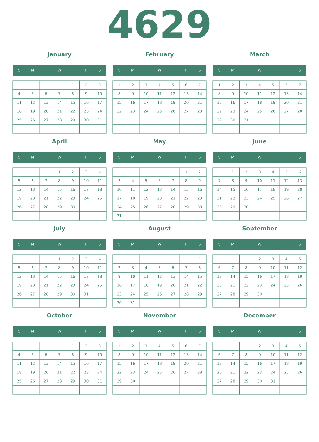 Printable 4629 Year Calendars viridian