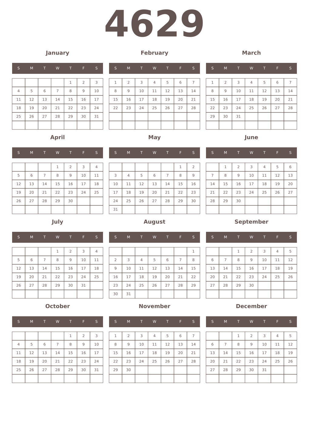 Printable 4629 Year Calendars wenge