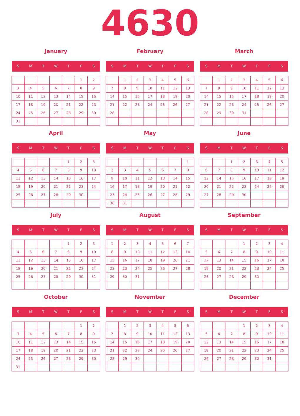 Printable 4630 Year Calendars amaranth