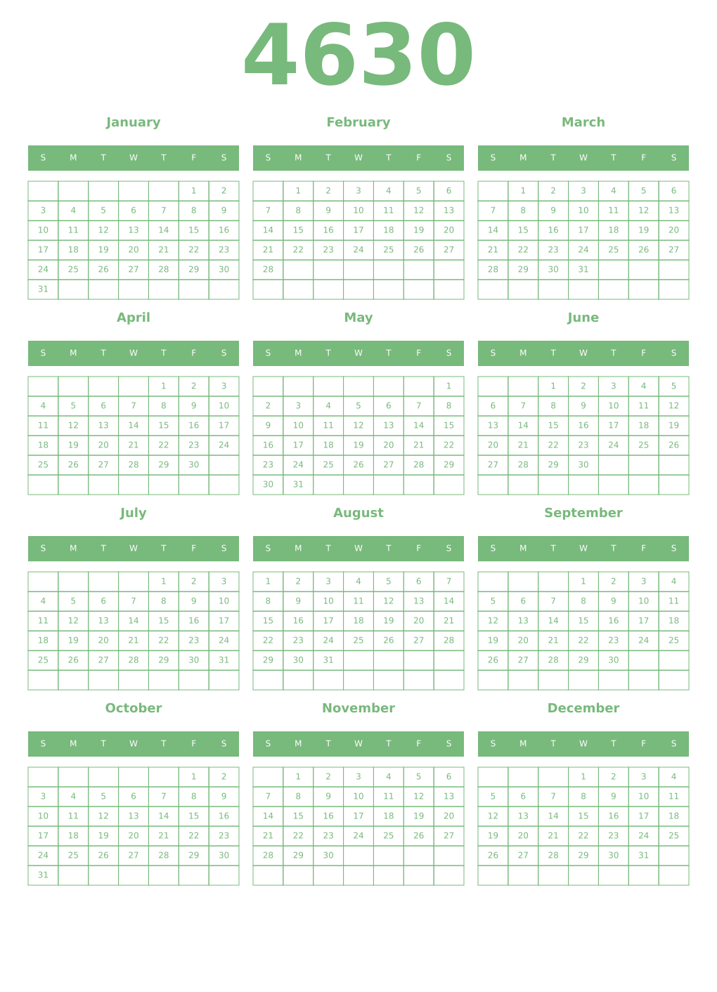 Printable 4630 Year Calendars celadon