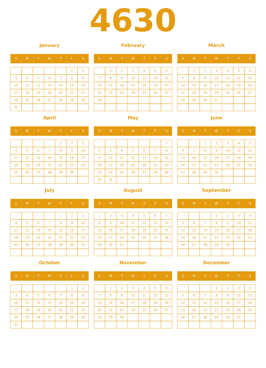Printable 4630 Year Calendars gamboge
