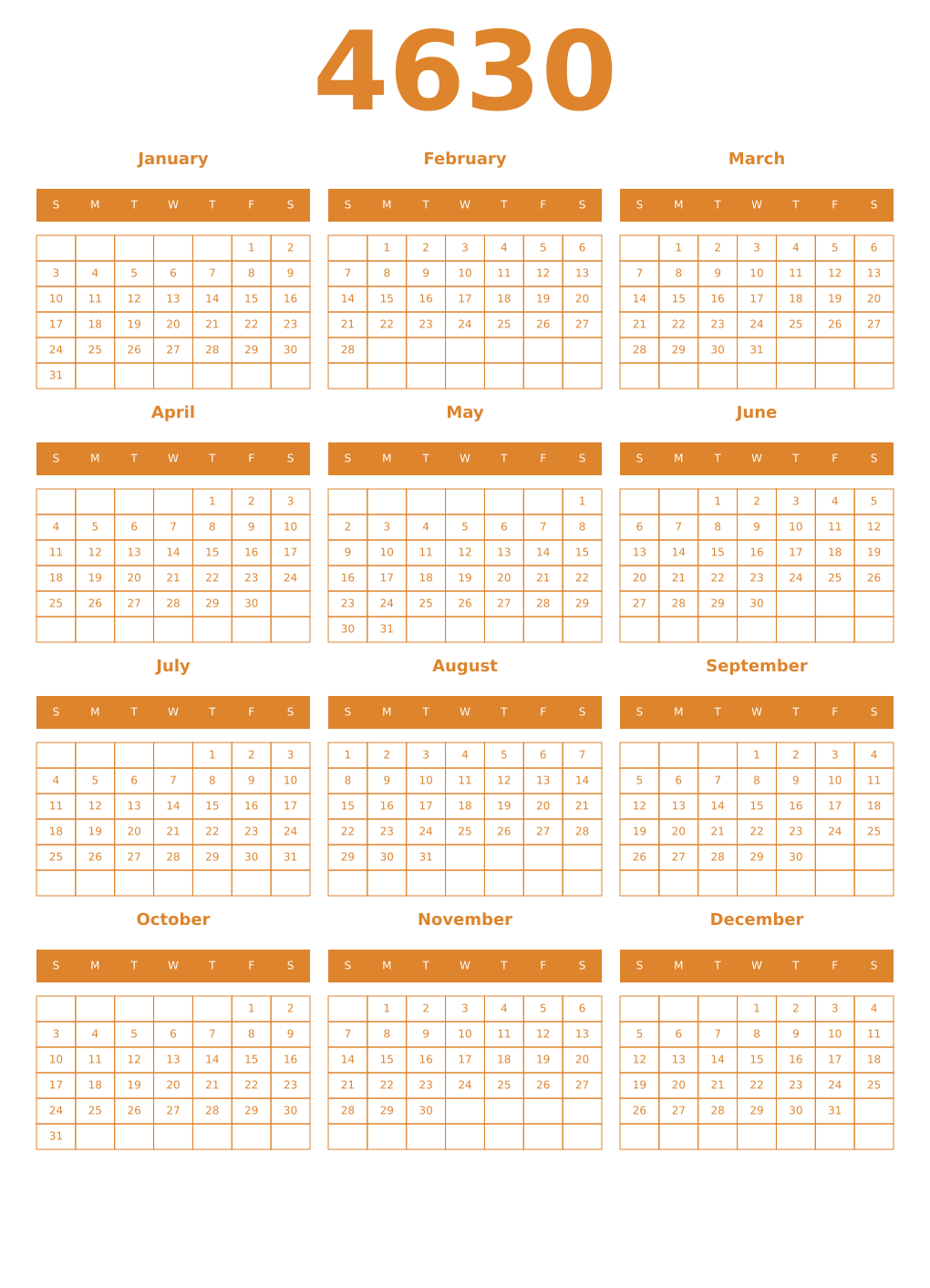 Printable 4630 Year Calendars orange