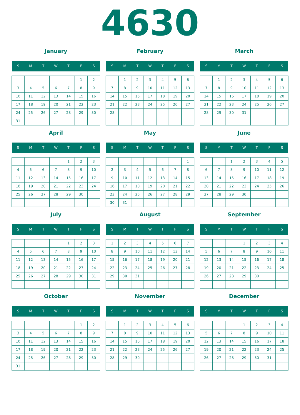 Printable 4630 Year Calendars pastel