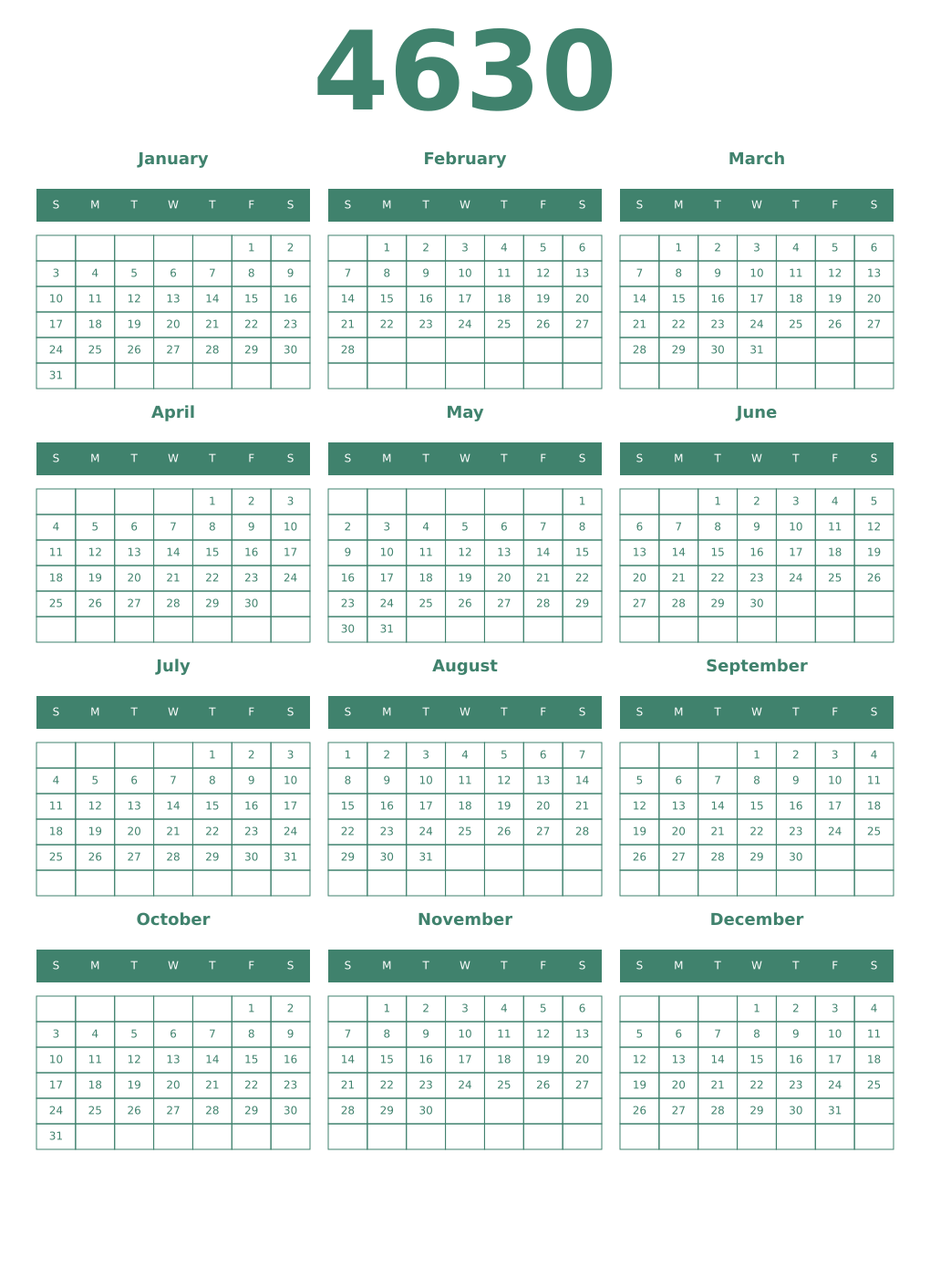 Printable 4630 Year Calendars viridian