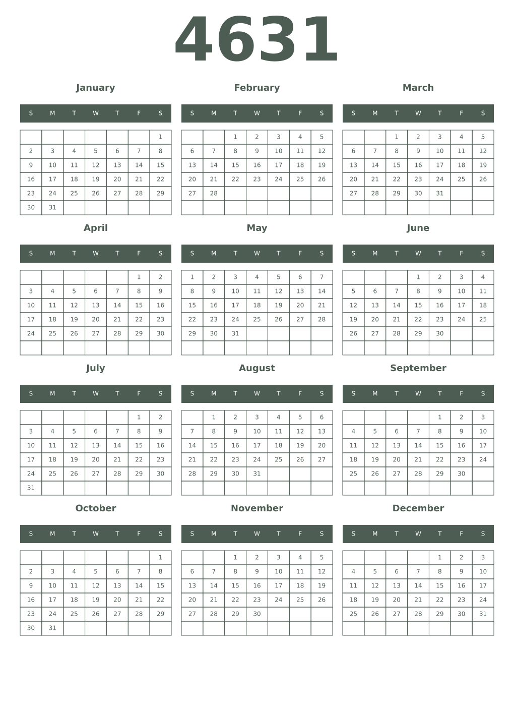Printable 4631 Year Calendars feldgrau
