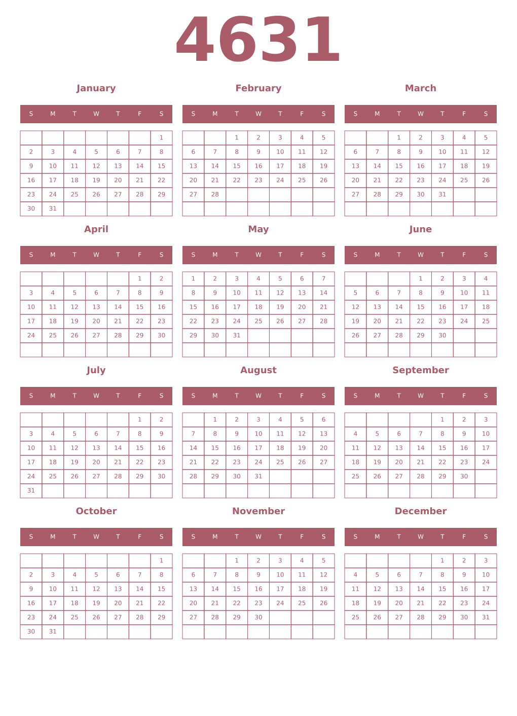 Printable 4631 Year Calendars puce