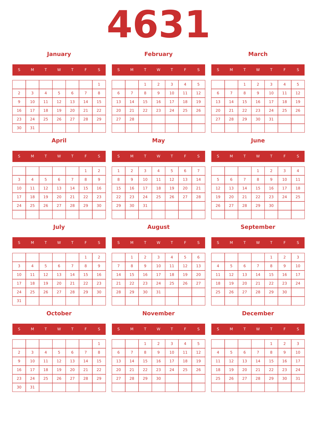 Printable 4631 Year Calendars red