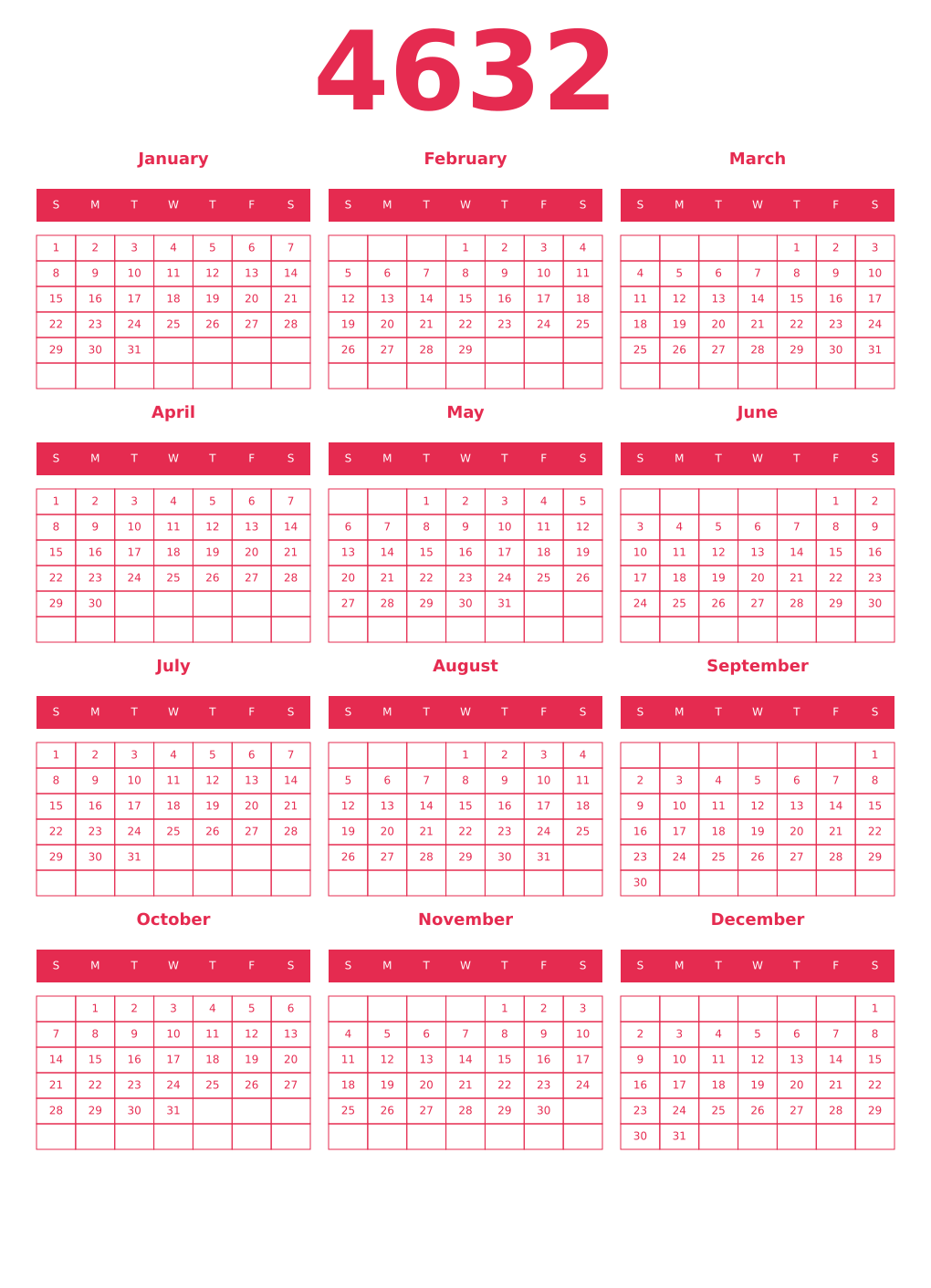 Printable 4632 Year Calendars amaranth