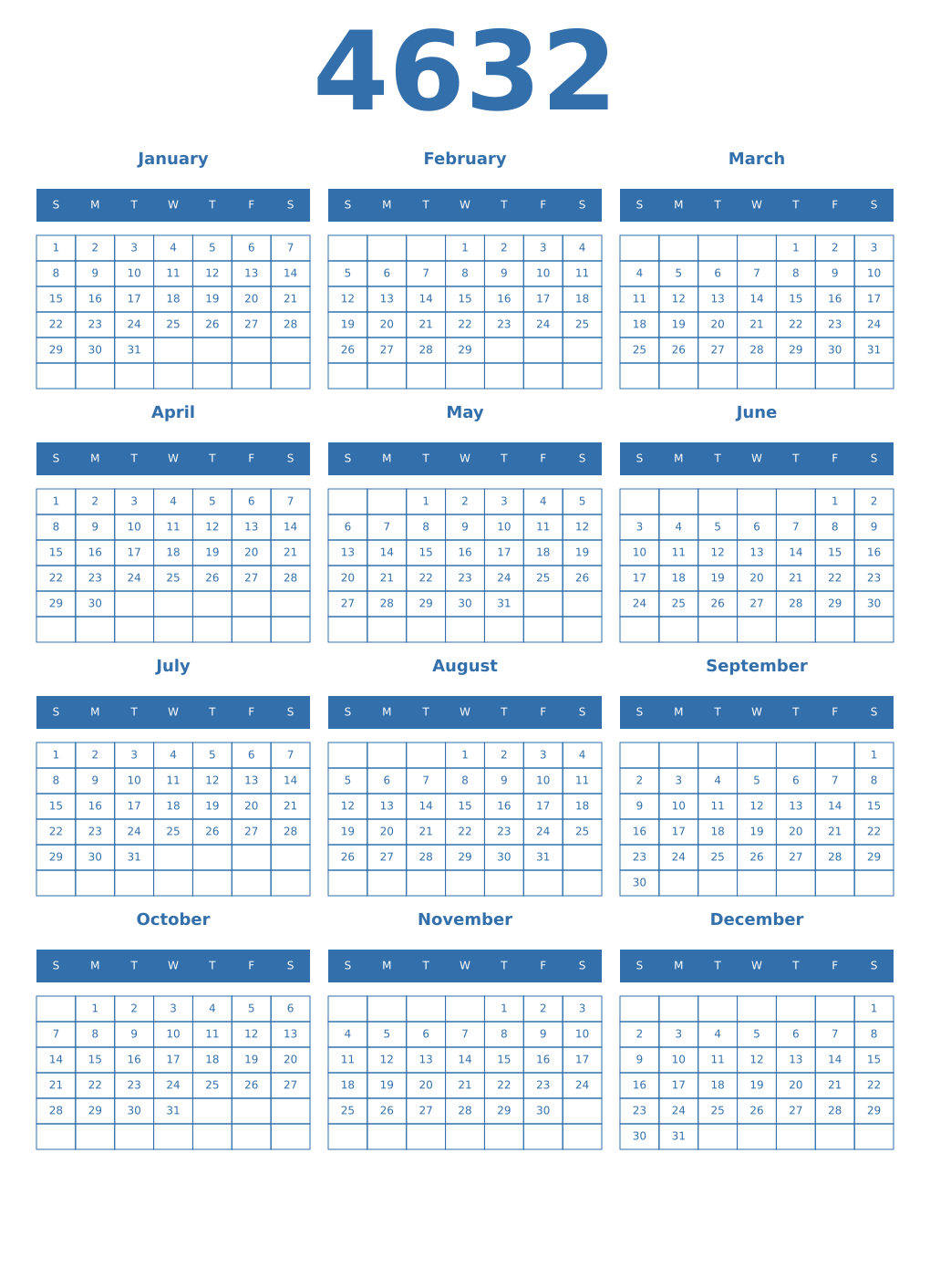 Printable 4632 Year Calendars blue