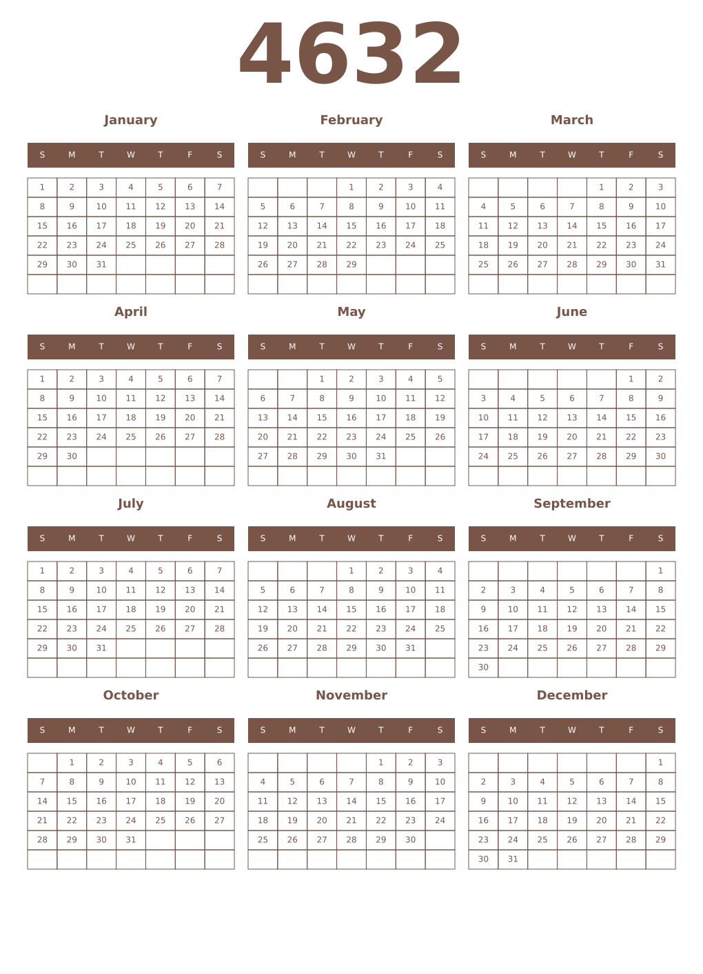 Printable 4632 Year Calendars coffe