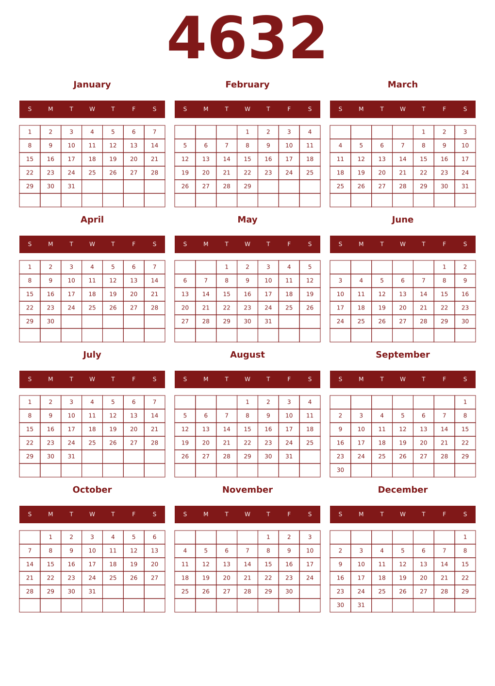 Printable 4632 Year Calendars falu