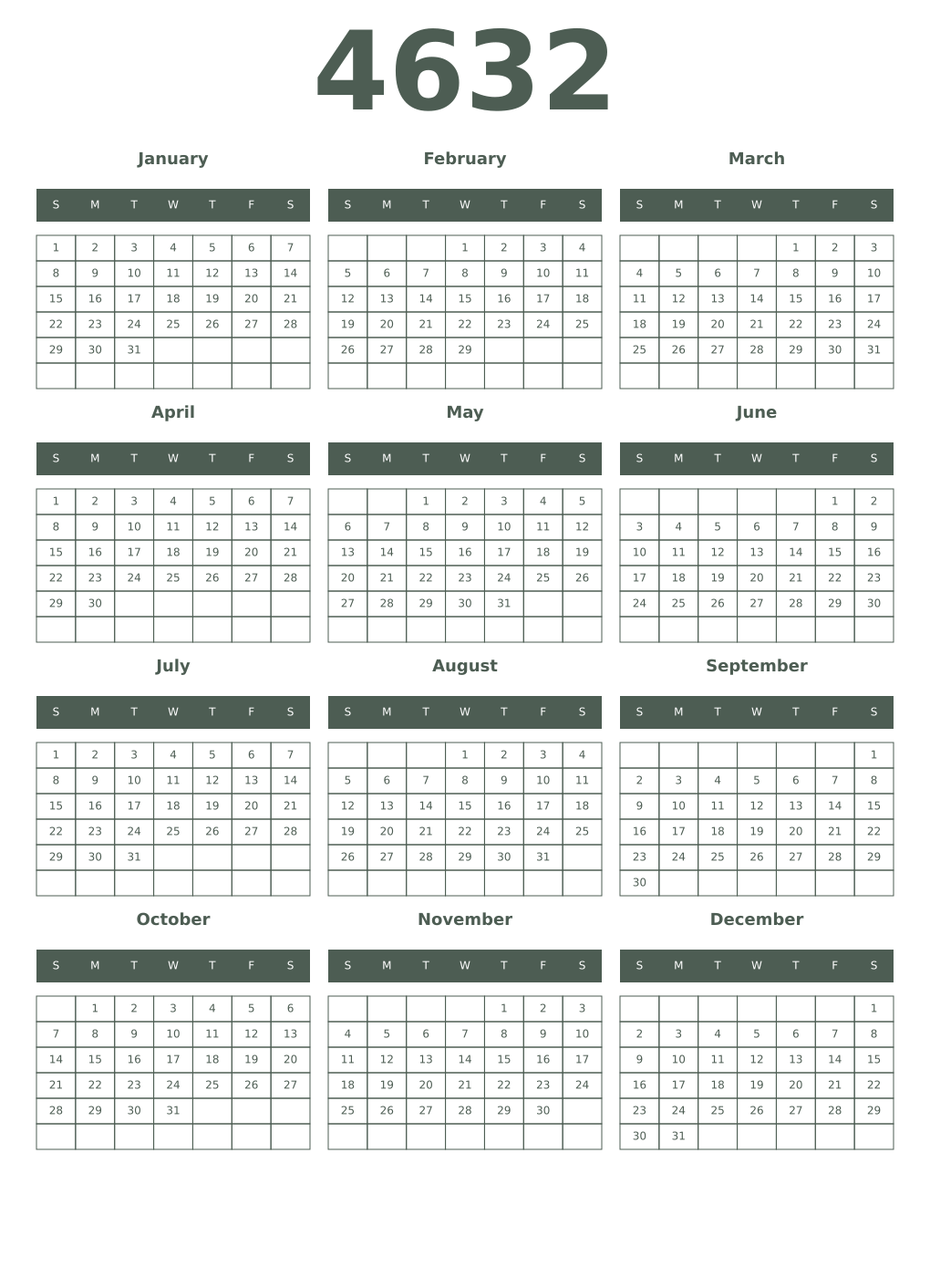 Printable 4632 Year Calendars feldgrau