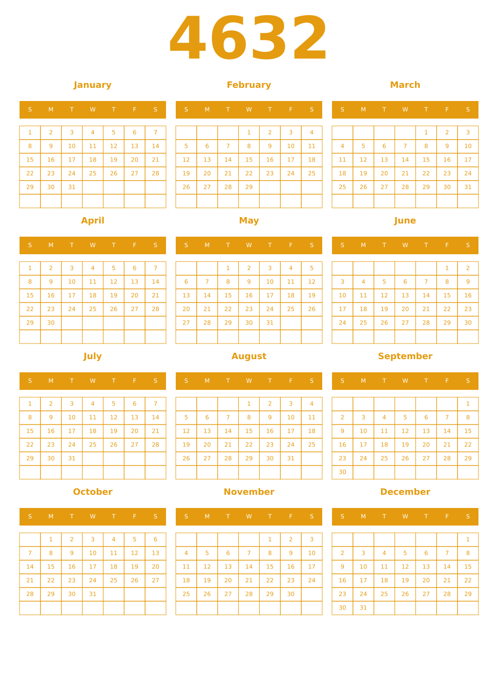 Printable 4632 Year Calendars gamboge