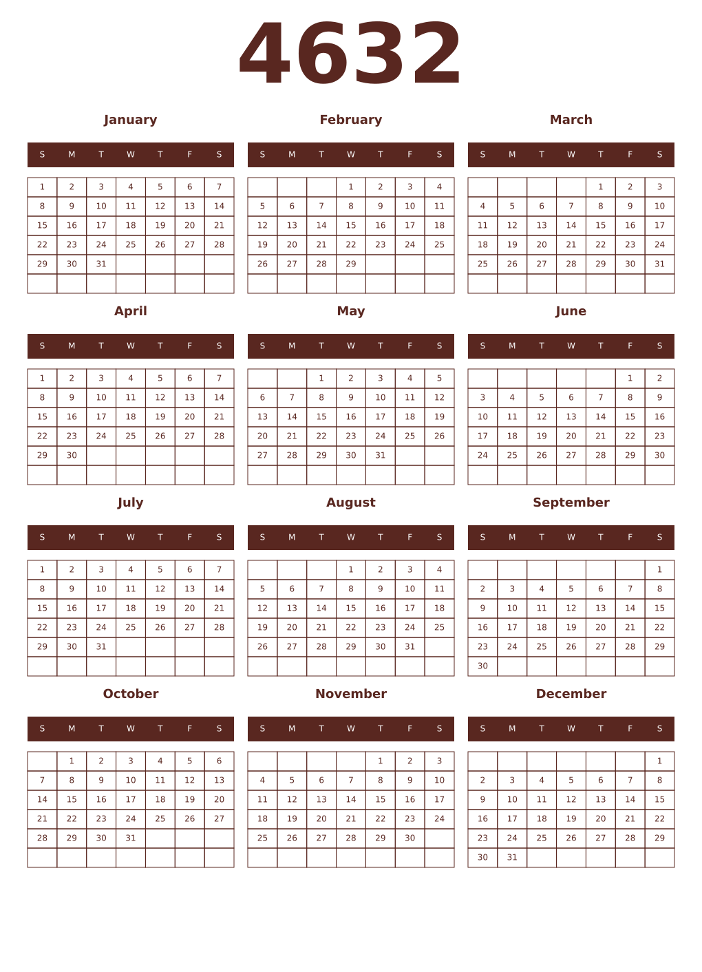 Printable 4632 Year Calendars mortuum
