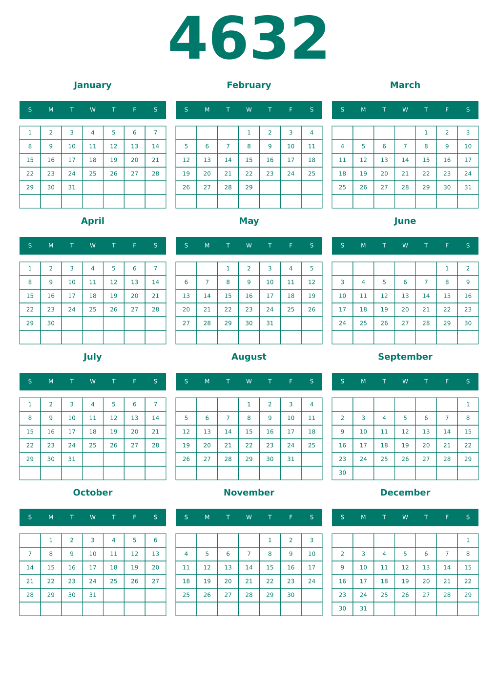 Printable 4632 Year Calendars pastel