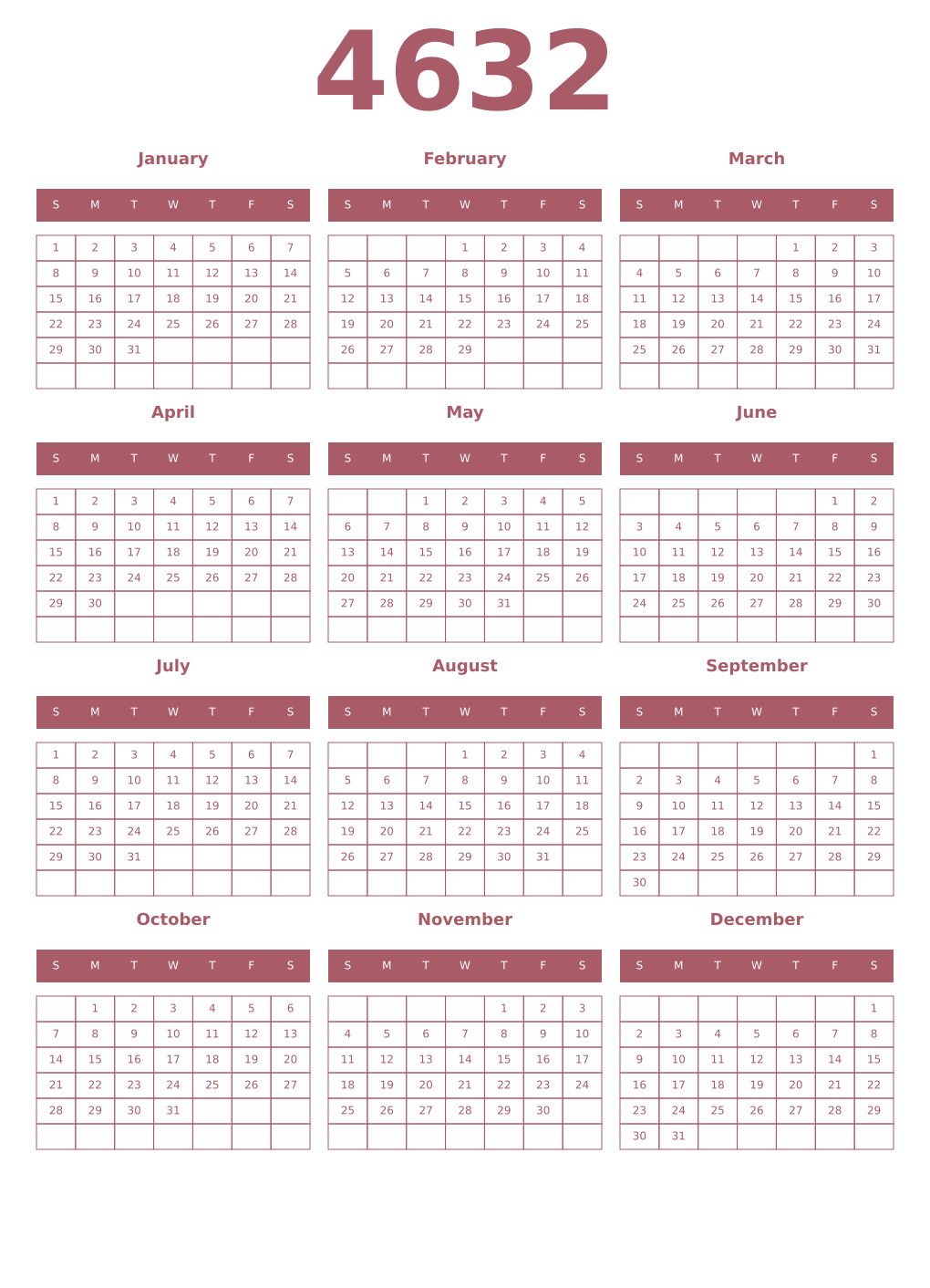 Printable 4632 Year Calendars puce