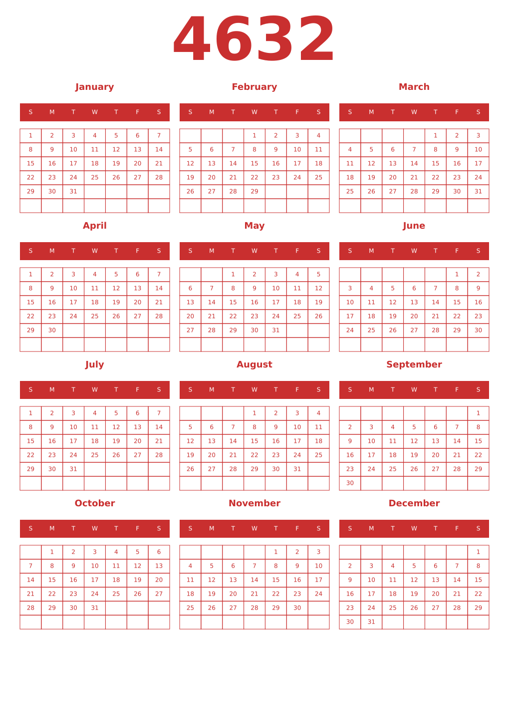 Printable 4632 Year Calendars red