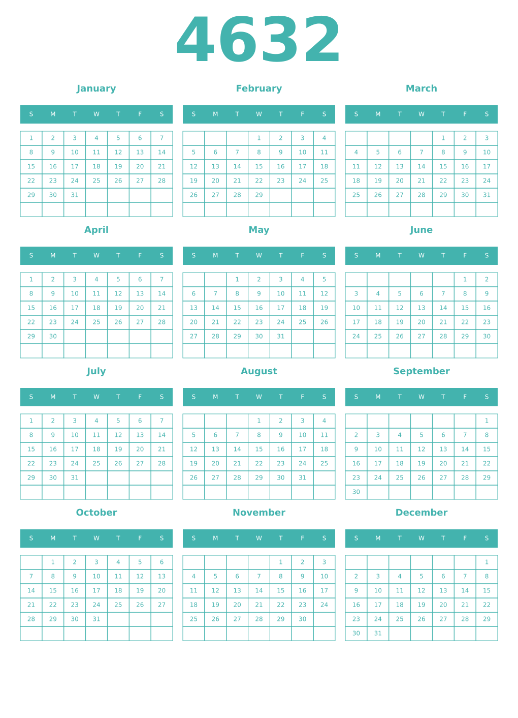 Printable 4632 Year Calendars verdigris