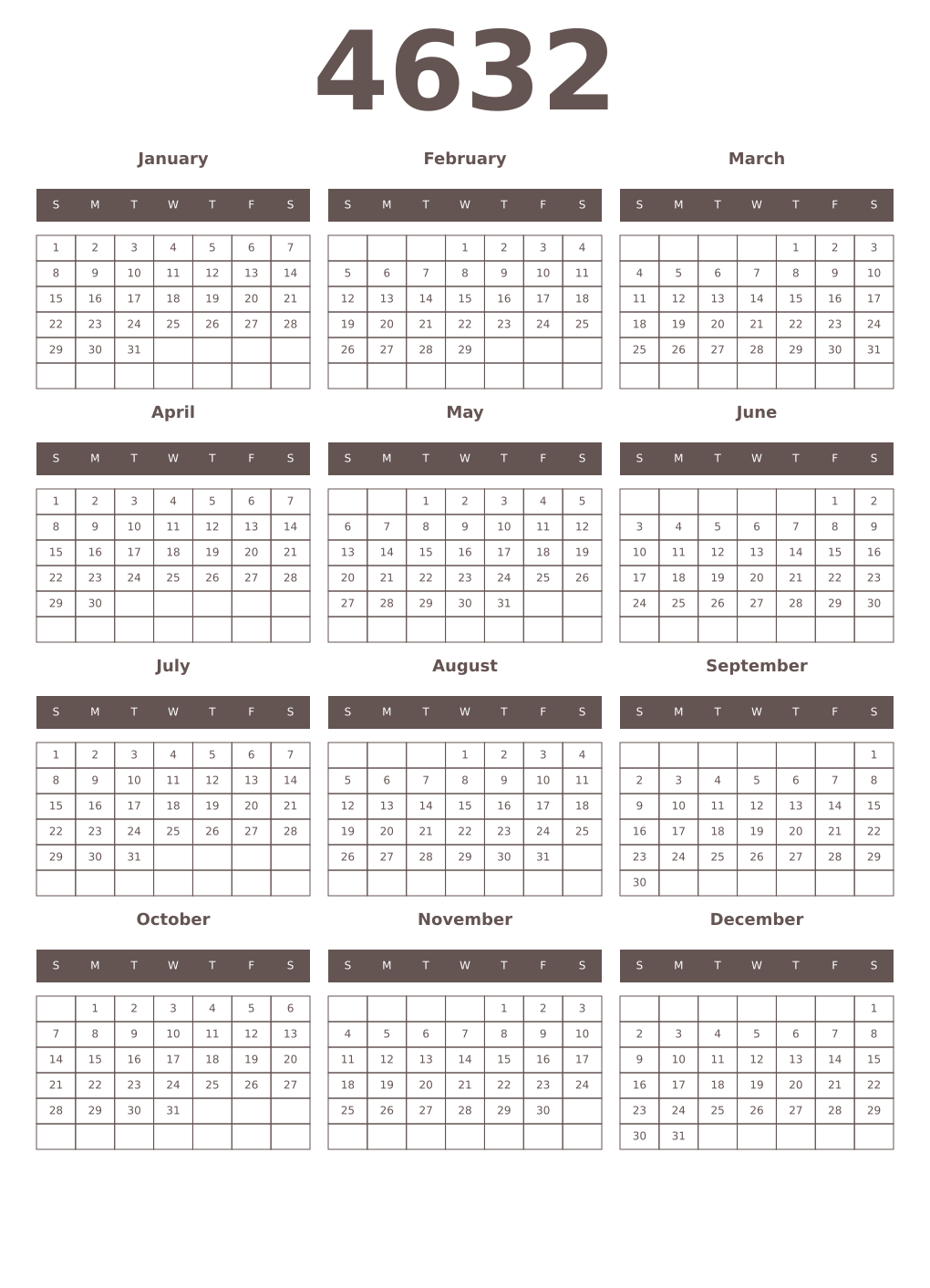 Printable 4632 Year Calendars wenge