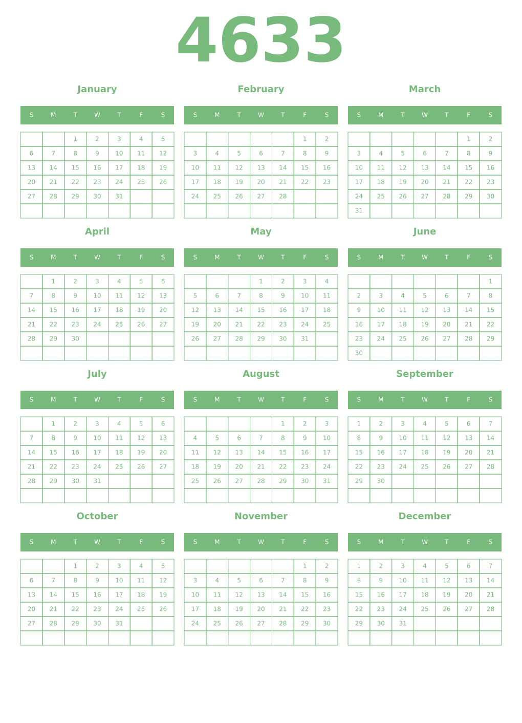 Printable 4633 Year Calendars celadon