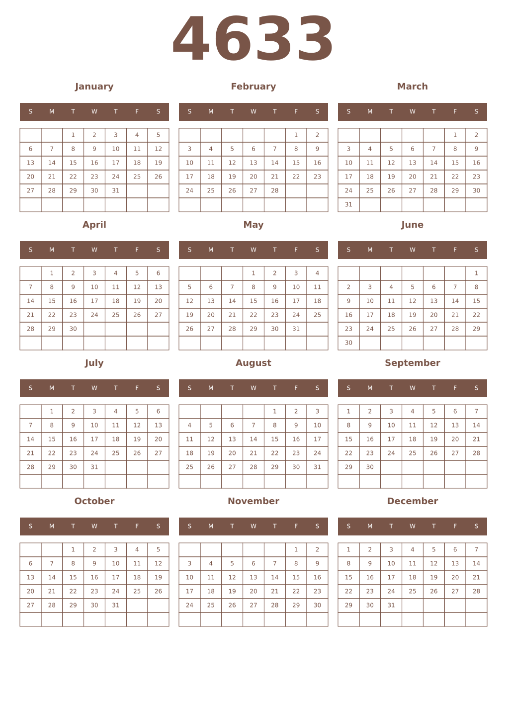 Printable 4633 Year Calendars coffe