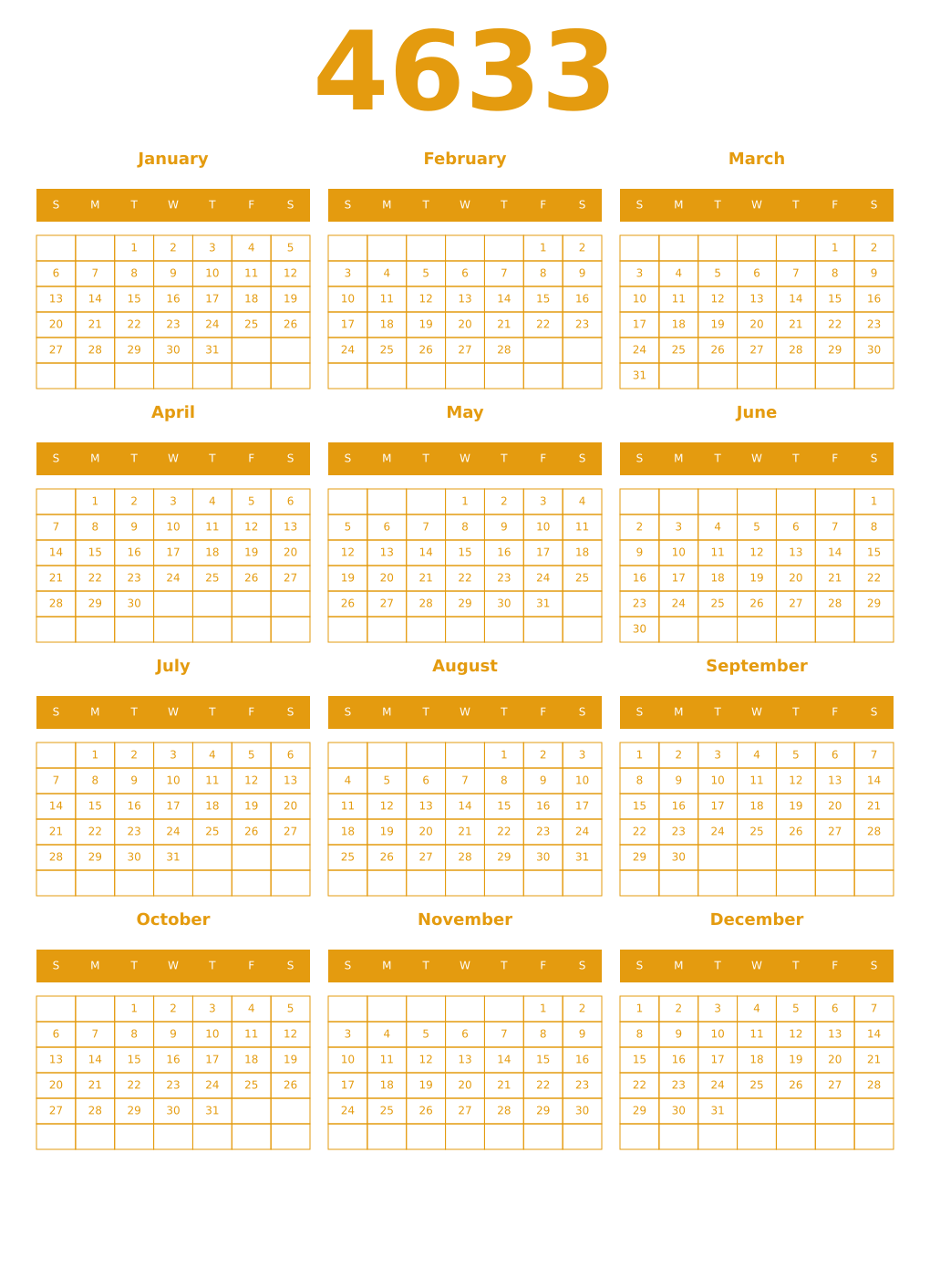 Printable 4633 Year Calendars gamboge