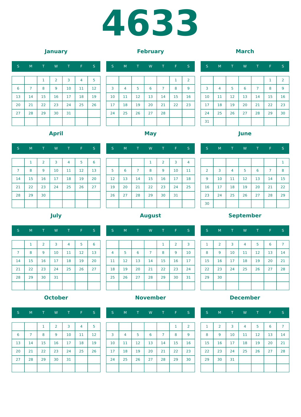 Printable 4633 Year Calendars pastel