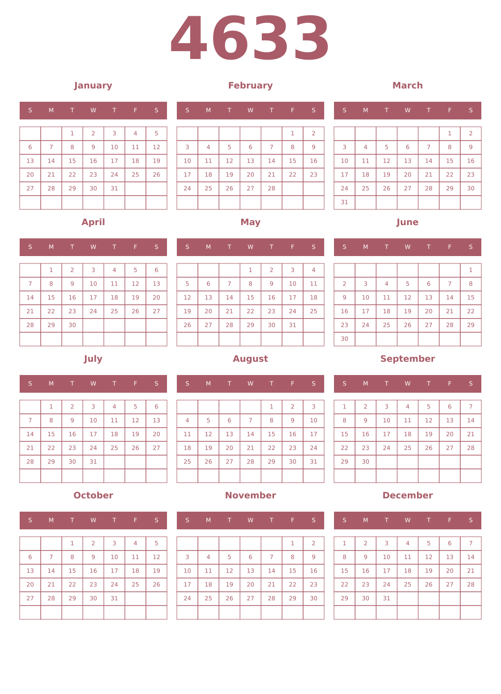 Printable 4633 Year Calendars puce
