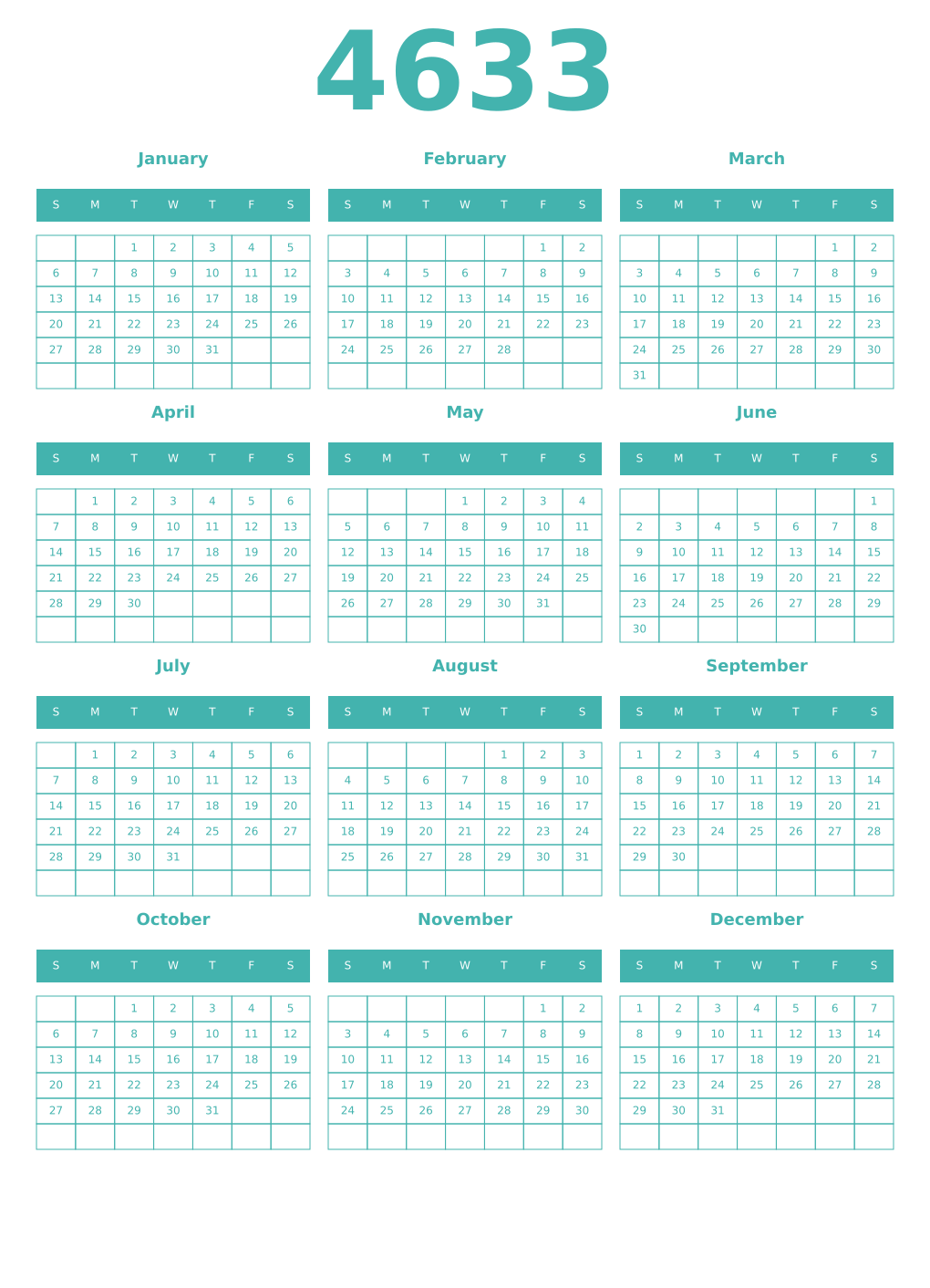 Printable 4633 Year Calendars verdigris