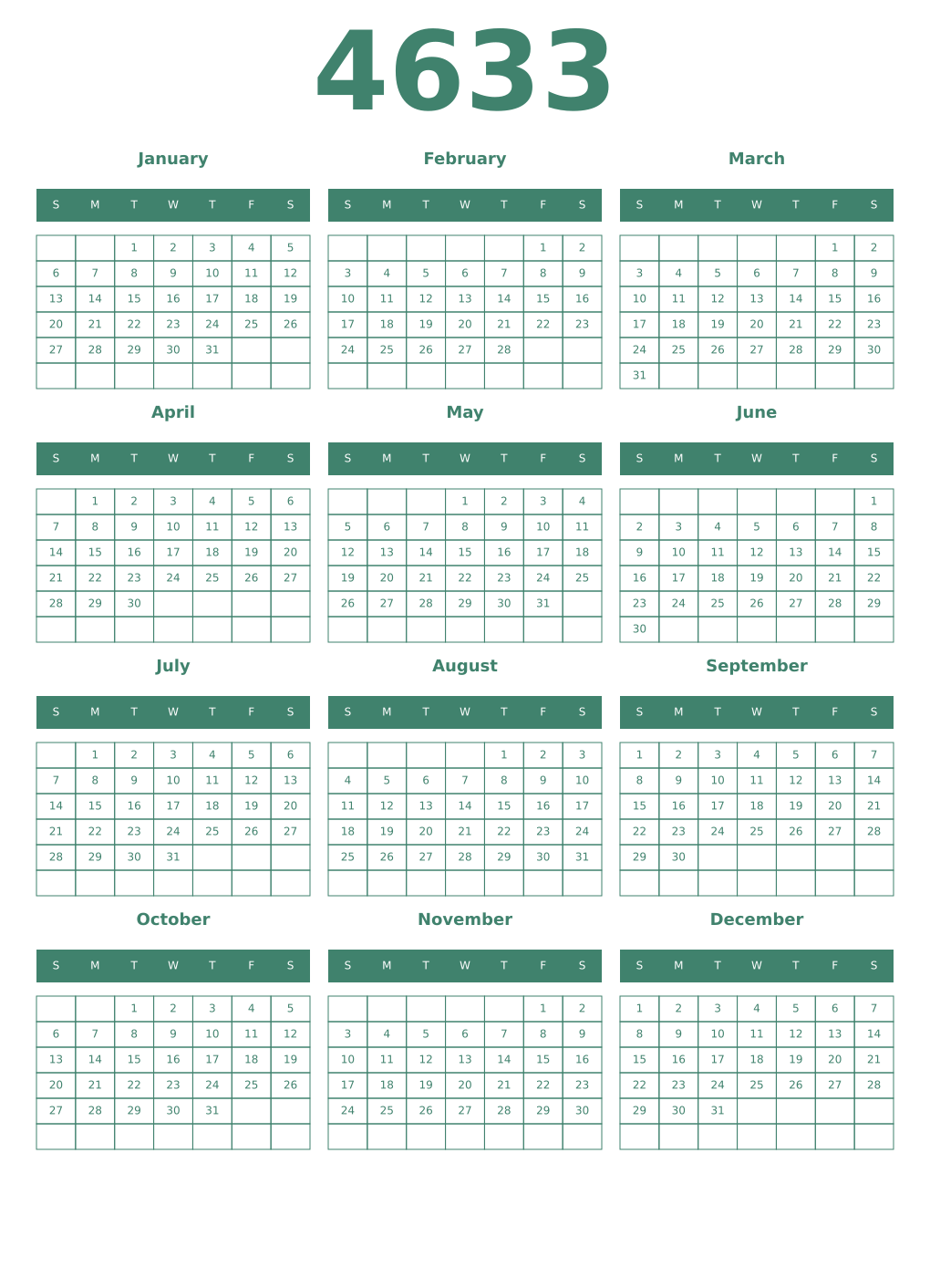Printable 4633 Year Calendars viridian