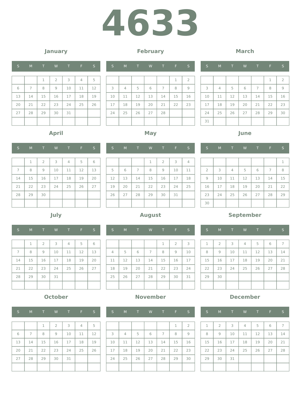 Printable 4633 Year Calendars xanadu