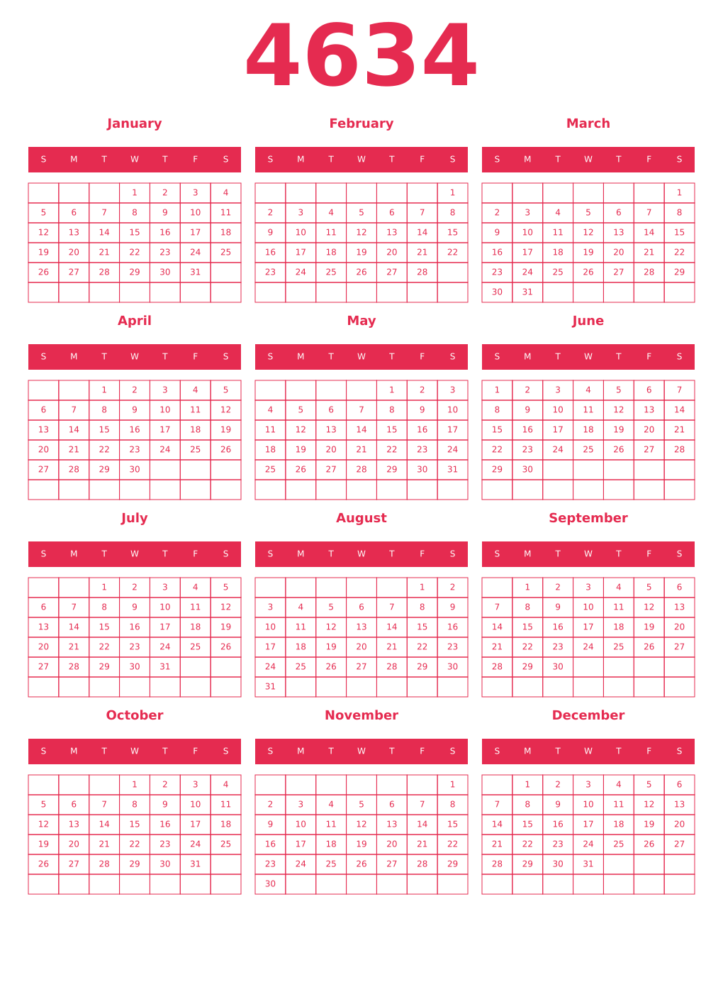 Printable 4634 Year Calendars amaranth