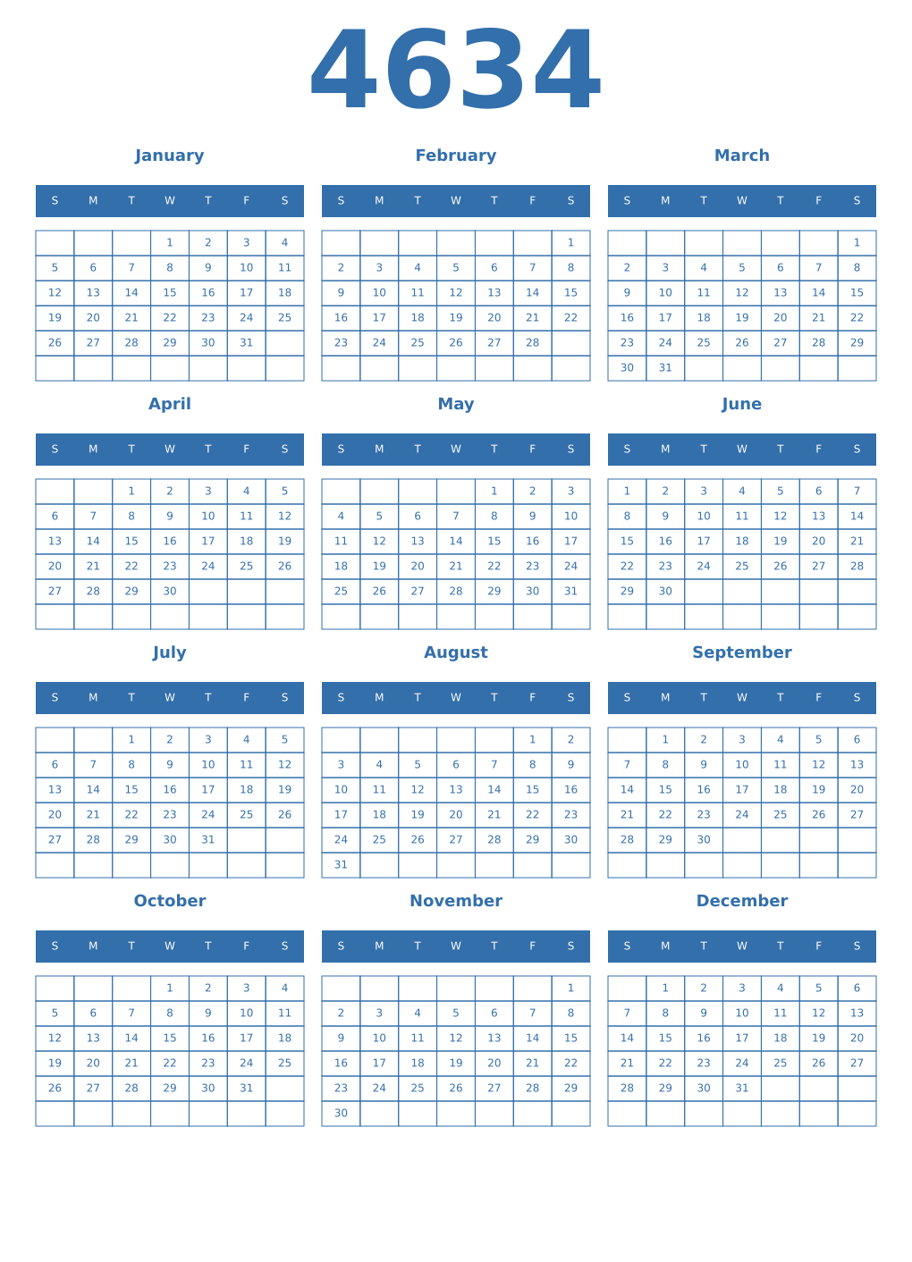 Printable 4634 Year Calendars blue