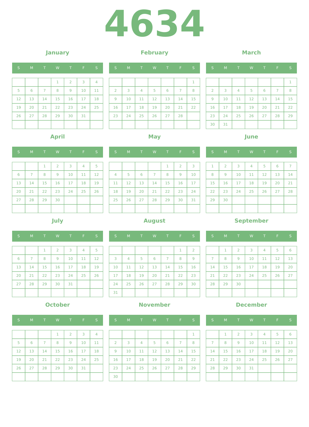 Printable 4634 Year Calendars celadon